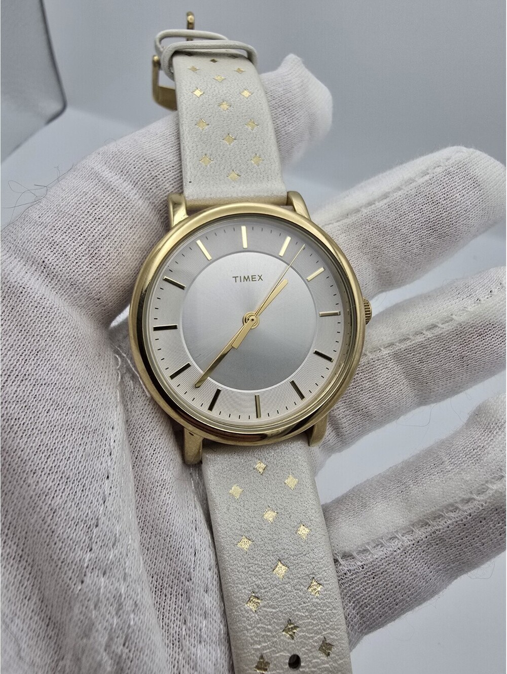 Timex Main Street Womens Watch 38mm Silver Gold Two Tone White Leather Band